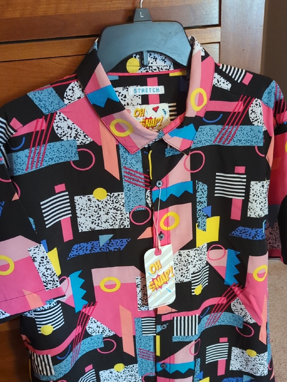 Oh Snap! Retro Geo Print Button-Up Shirt in Black, Pink & Blue XL White